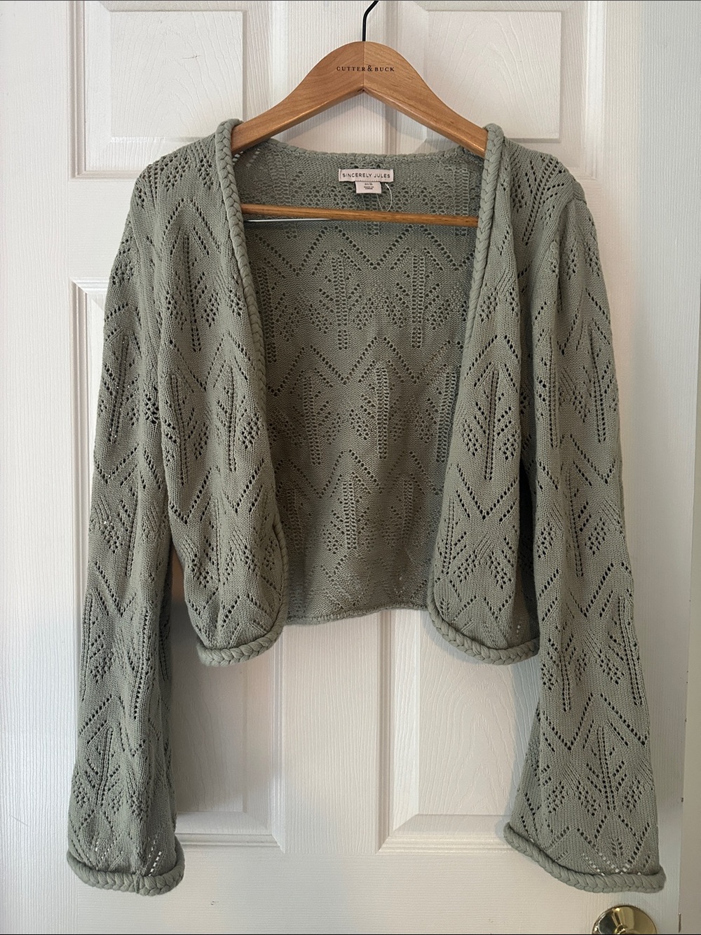 Sincerly Jules Sage Green Openwork Crochet Bolero Cardigan